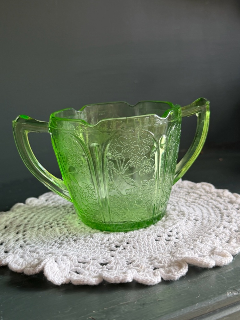 Jeannette Glass Company  Green Depression Glass Floral Etching